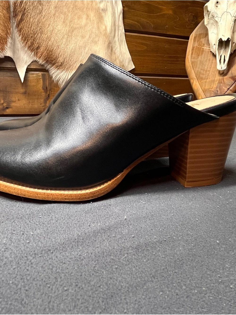 Black Leather Block Heel Mule - Women's Slip-On